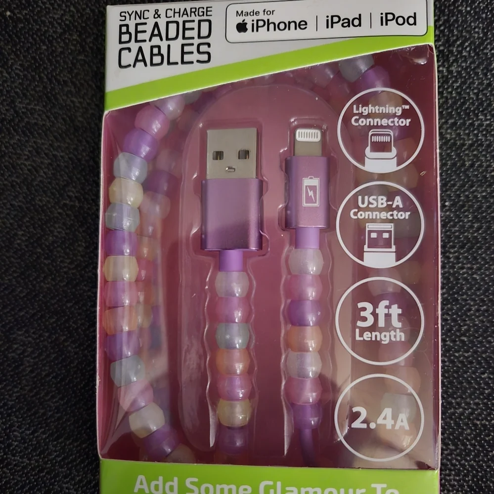 Glitz & Glam Beaded Charging Cable 3ft Iphone Ipad Ipod USB-A connector Hp🔥🔥